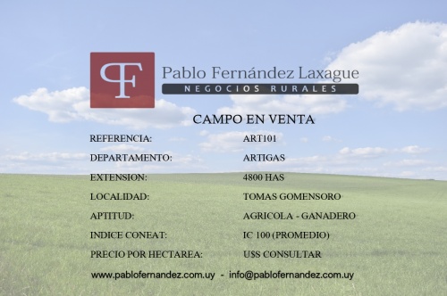 Campo / Chacra en Venta en Tomas Gomensoro, Artigas