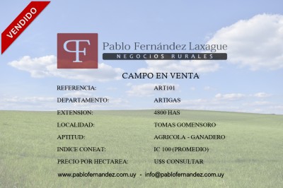 Campos mayores a 4000 has en Venta en Tomas Gomensoro, Artigas