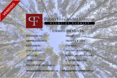 Campo en Venta en Rincón De Urtubey, Treinta y Tres