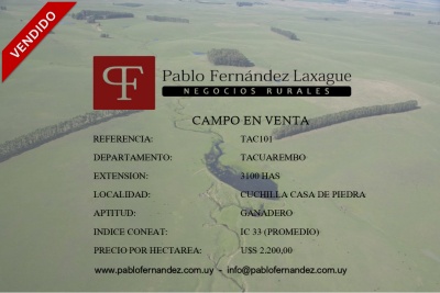 Campo en Venta en Cuchilla Casa De Piedra, Tacuarembó