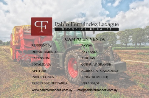 Campos 2000 a 4000 has en Venta en Queguay Grande, Paysandú