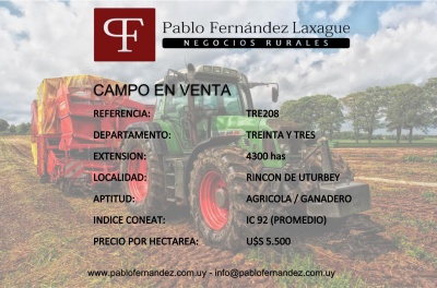 Campos mayores a 4000 has en Venta en Rincón De Urtubey, Treinta y Tres