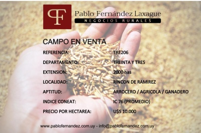 Campos 1001 a 2000 has en Venta en Rincón De Ramirez, Treinta y Tres