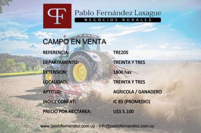 Campos 1001 a 2000 has en Venta en Treinta y Tres, Treinta y Tres