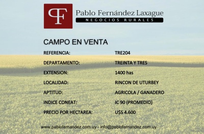 Campos 1001 a 2000 has en Venta en Rincón De Urtubey, Treinta y Tres