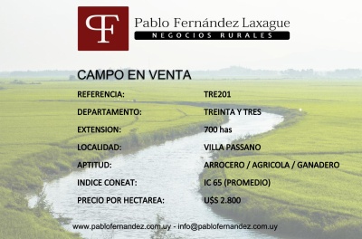 Campos  501 a 1000 has en Venta en Villa Pissano, Treinta y Tres