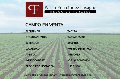 Campos mayores a 4000 has en Venta en Pueblo Del Barro, Tacuarembó
