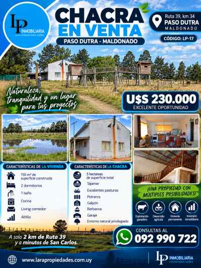 Campos y Chacras en Venta en Paso Dutra, Maldonado