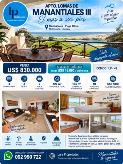 Apartamento en Venta, Alquiler Turístico en Manantiales, Maldonado