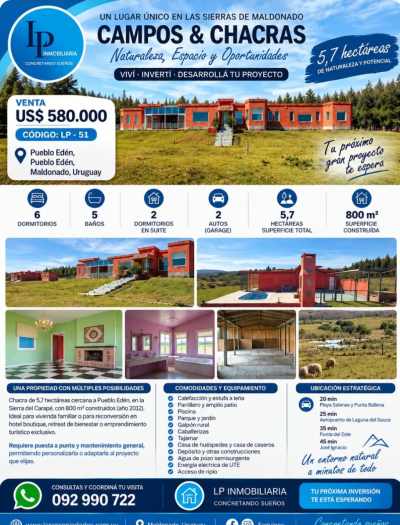 Campos y Chacras en Venta en Pueblo Edén, Maldonado
