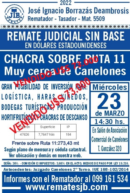 Remate Judicial Chacra de 7 hás en ruta 11